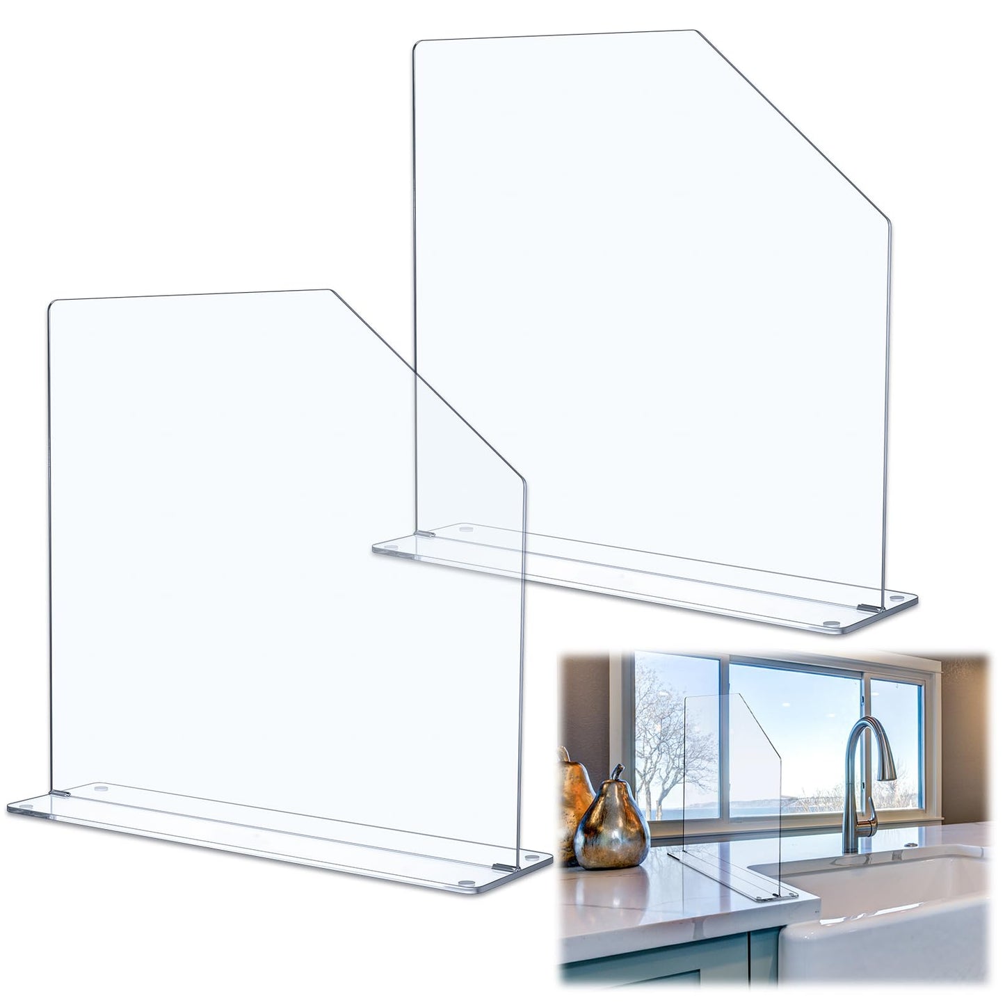 Vesici 2 Pcs Clear Acrylic Sink Splash Guard Freestanding Panel Barrier with Easy Reach Cutaway Kitchen Guard Protective Splatter Barrier for Home Hospital(15.75" Length, 16" Height, 4.5" Base)