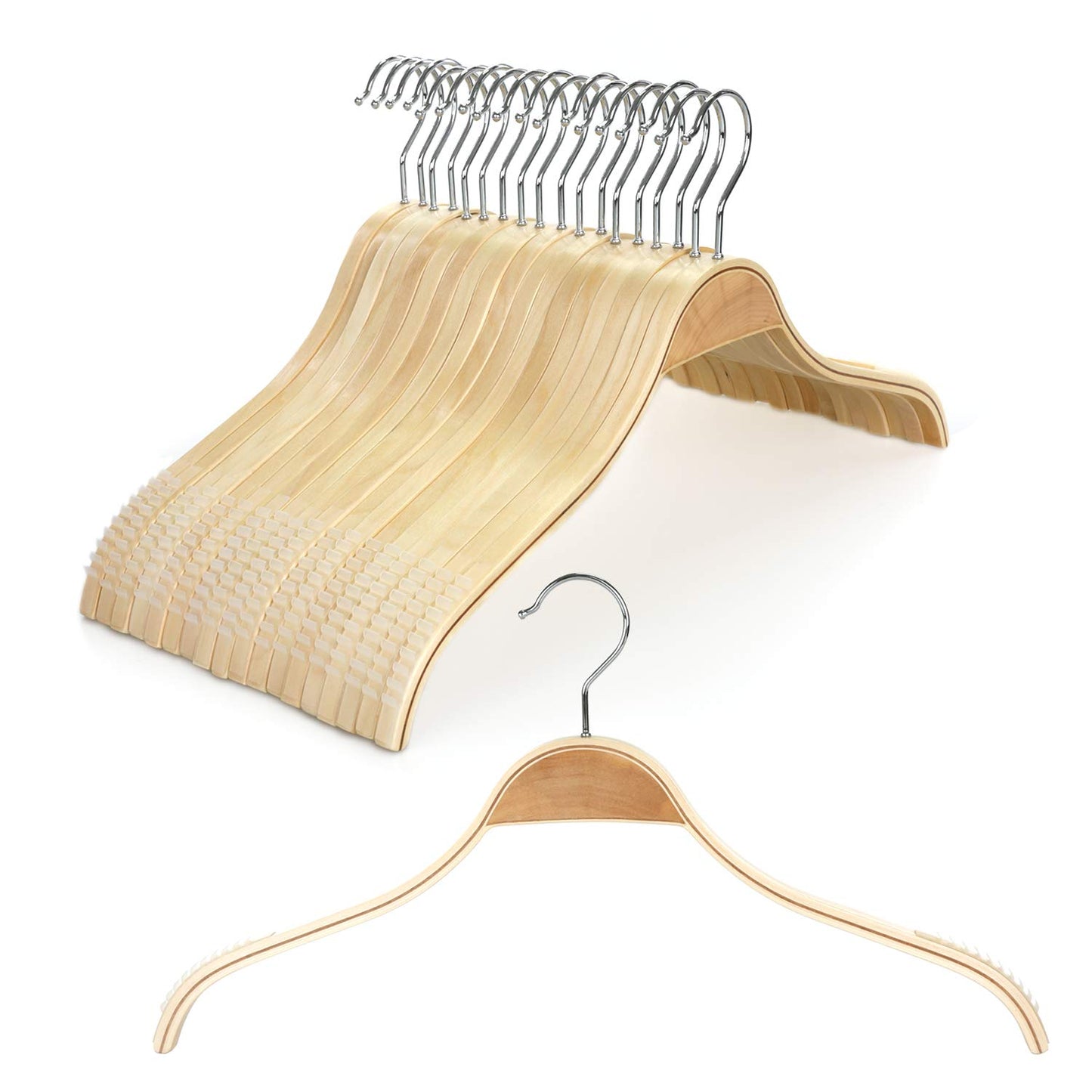 TOPIA HANGER Slim Natural Wood Hangers with Extra Soft Non-Slip Rubber Grips, 18-Pack High-Grade Fashion Hanger No Shoulder Bump for Sweater, Camisole, Jacket, Dress, Coat -CT16N