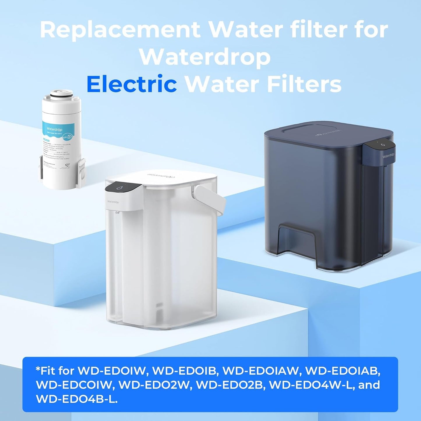 Waterdrop WD-EDFA Alkaline Filters Replacement for Waterdrop Electric Pitcher 𝐖𝐃-𝐄𝐃𝟎𝟏/𝐄𝐃𝟎𝟐/𝐄𝐃𝟎𝟒/𝐄𝐃𝟎𝟏𝐀/𝐄𝐃𝐂𝟎𝟏, NSF/ANSI 42&372, Improve PH, 3 Months or 200 Gallons, 3 Filters
