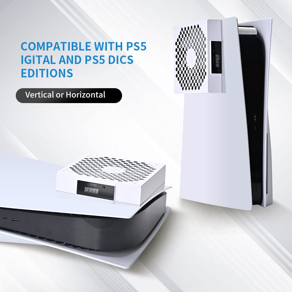 G-STORY PS5 Cooling Fan,PS5 Cooler System, Fan Speed Automactically Adjusted by Temperature(℃/℉), Low Noise, 3 Speed 1500/1750/2000RPM (140MM) with RGB LED (White)