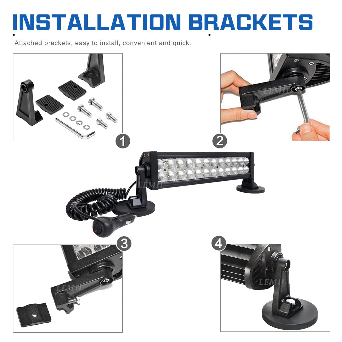 LEMIL 72W Led Light Bar Flood Light Magnetic Work Light Cigarette Lighter Waterproof Driving Off Road with Rocker Switch Wiring Harness for Ford Boat Truck SUV UTE ATV UTV 12V 24V
