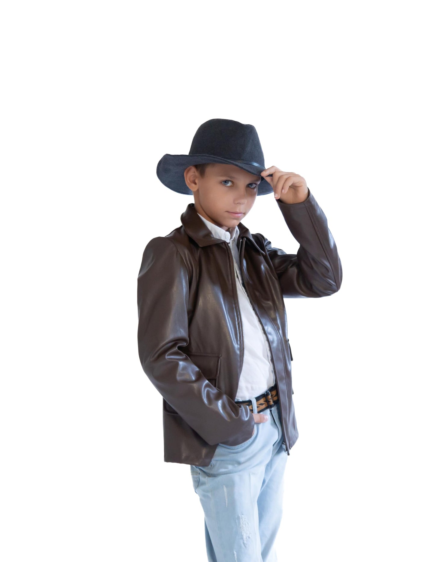 ComfyCamper Kids Teens Faux Leather Jacket Costume Brown – Jungle Explorer Archeologist Lightweight Bomber Racer, 8-10 Years