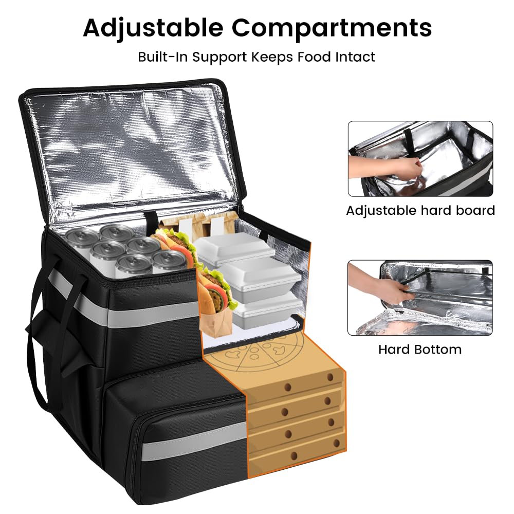 Food Delivery Bag,Large Insulated Backpack for Doordash/Uber Eeats, Expandable Cooler Bags for Bike/Motorcycle with Reflective Strip and Cup Holders,Reusable Pizza Food Delivery Bag with Hand Straps