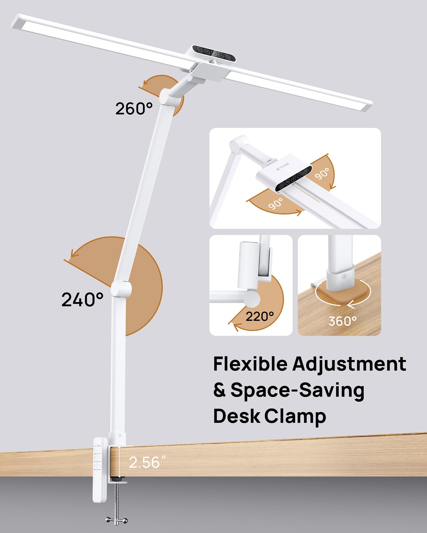 TROND LED Desk Lamp with Clamp, 29.55'' Tall Desk Light with Remote, 1500LM Bright Table Lamp, Swing Arm Clip on Light, Eye-Caring, Touch Control Dimmable for Home Office Monitor Reading Study Task