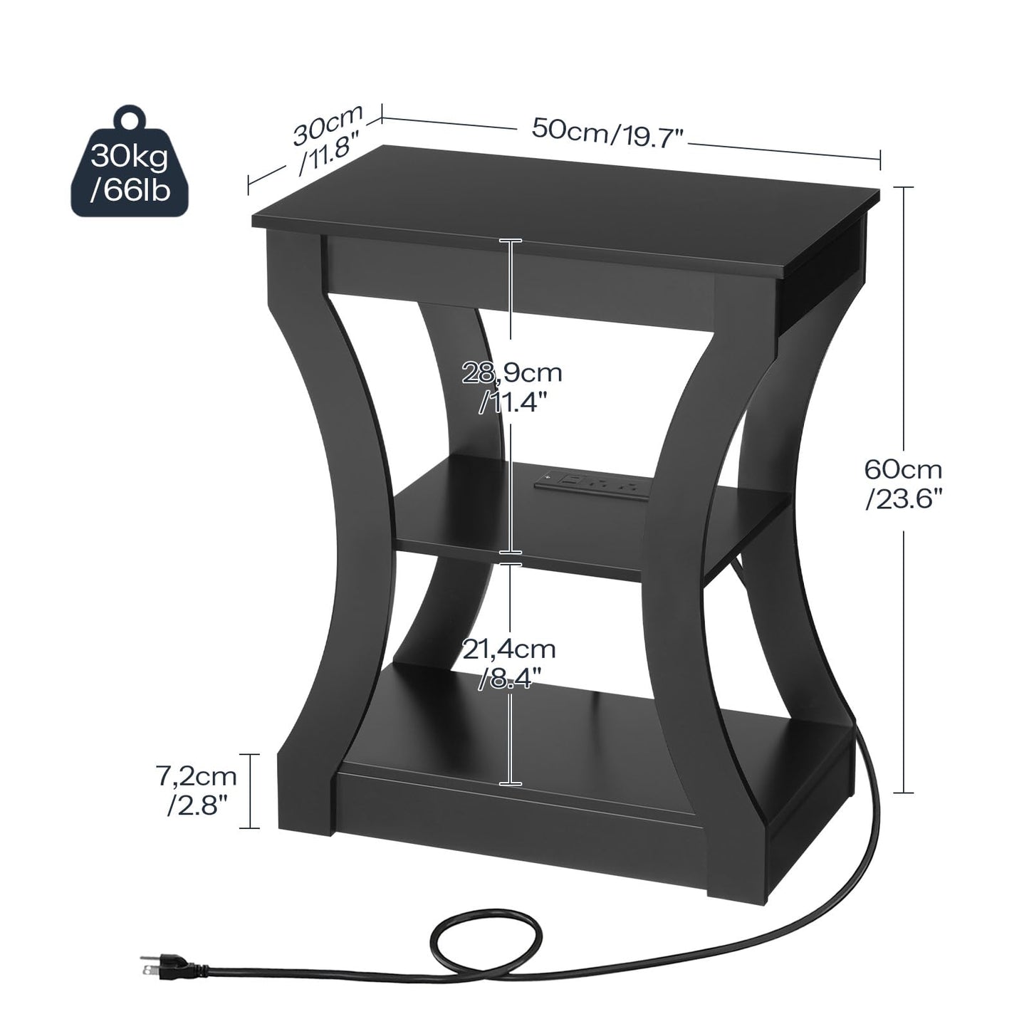 MAHANCRIS Black End Table with Charging Station, Skinny Side Table with USB Ports and Outlets, Nightstand, 3 Tier Bedside Table with Storage Shelf for Living Room, Bedroom, Small Space, ETBK53E01