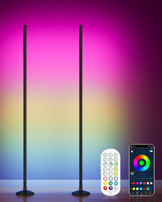 YIKBIK 2PCS RGB Corner Floor Lamp, 65" Color Changing LED Floor Lamp Music Sync Light Bar Bluetooth APP Remote Control 16 Million DIY Colors, Light Timing, Mood Ambient Lighting