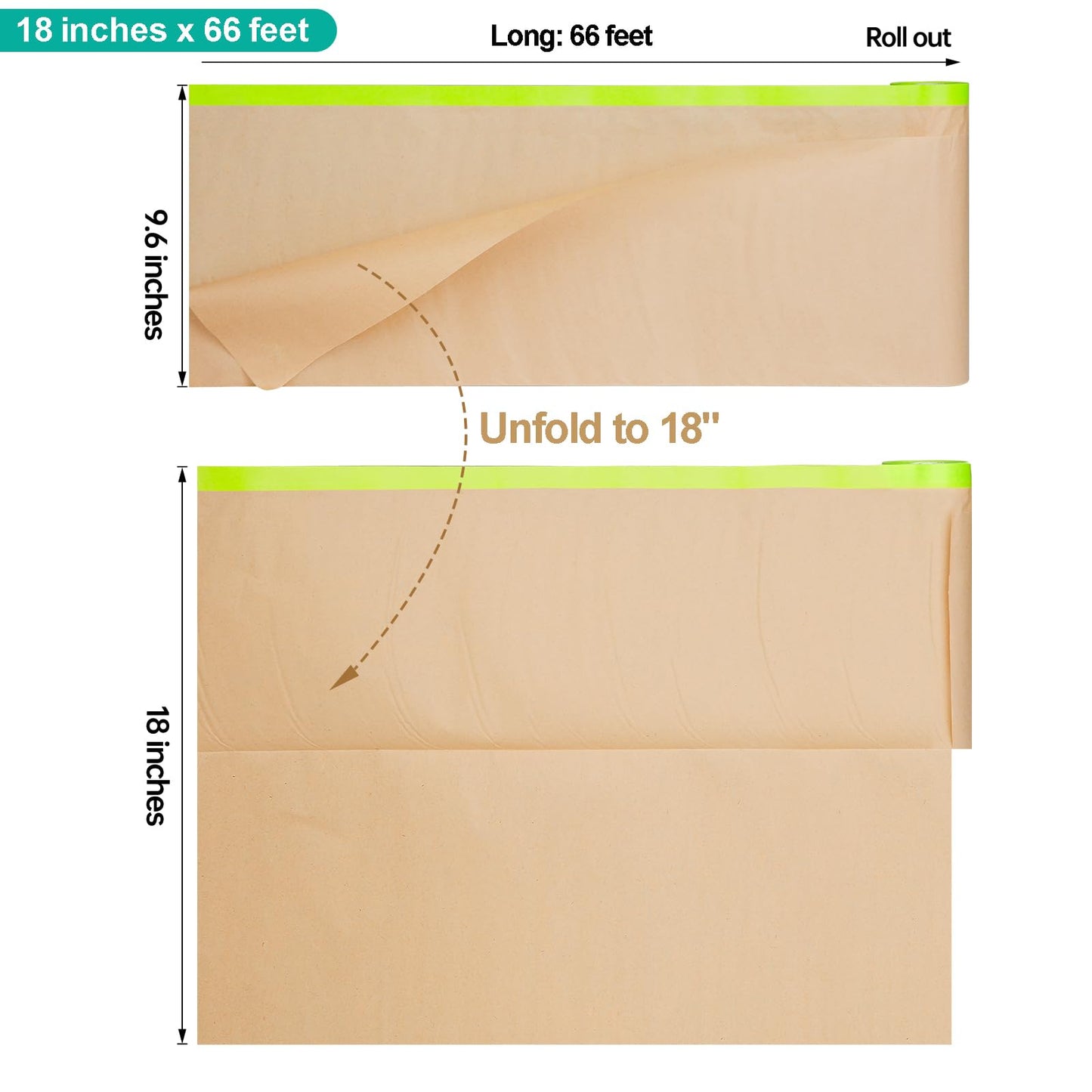 Tangibay Pre-Taped Masking Paper with Dispenser - 18" x 66' Painters Paper and Tape for Painting House, Auto Body, Cars (1 Dispenser 4 Refills)