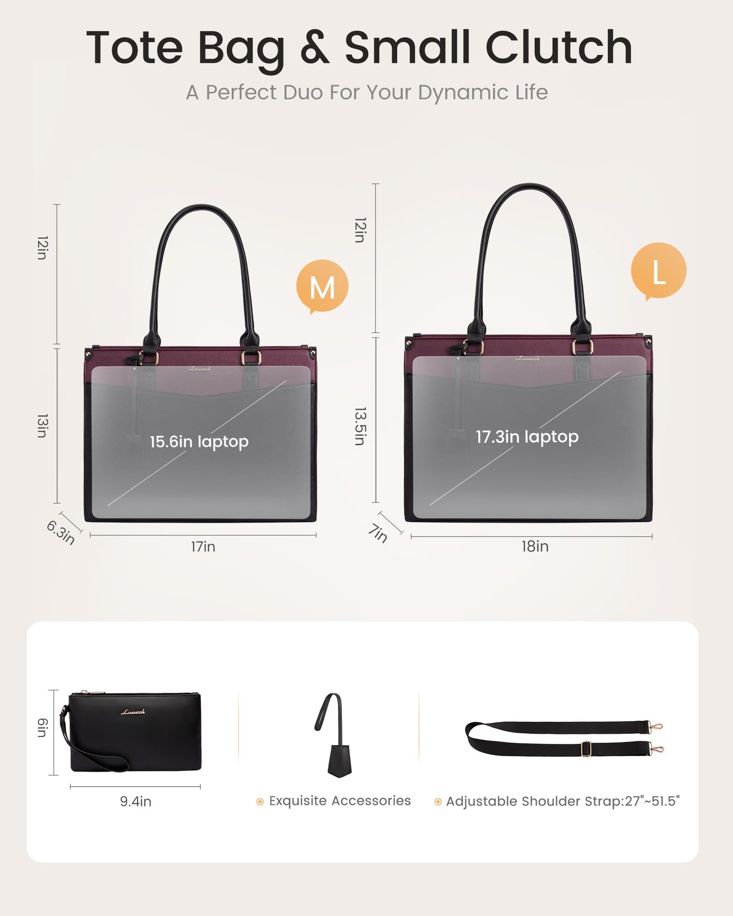 LOVEVOOK 15.6 inch Laptop Bag for Women, 2-in-1 Multi-Pocket Leather Tote Purse with Elegant Clutch & Cup Holder, Waterproof Large Structured Capacity Work Briefcase for Office Travel, Wine Red-Black