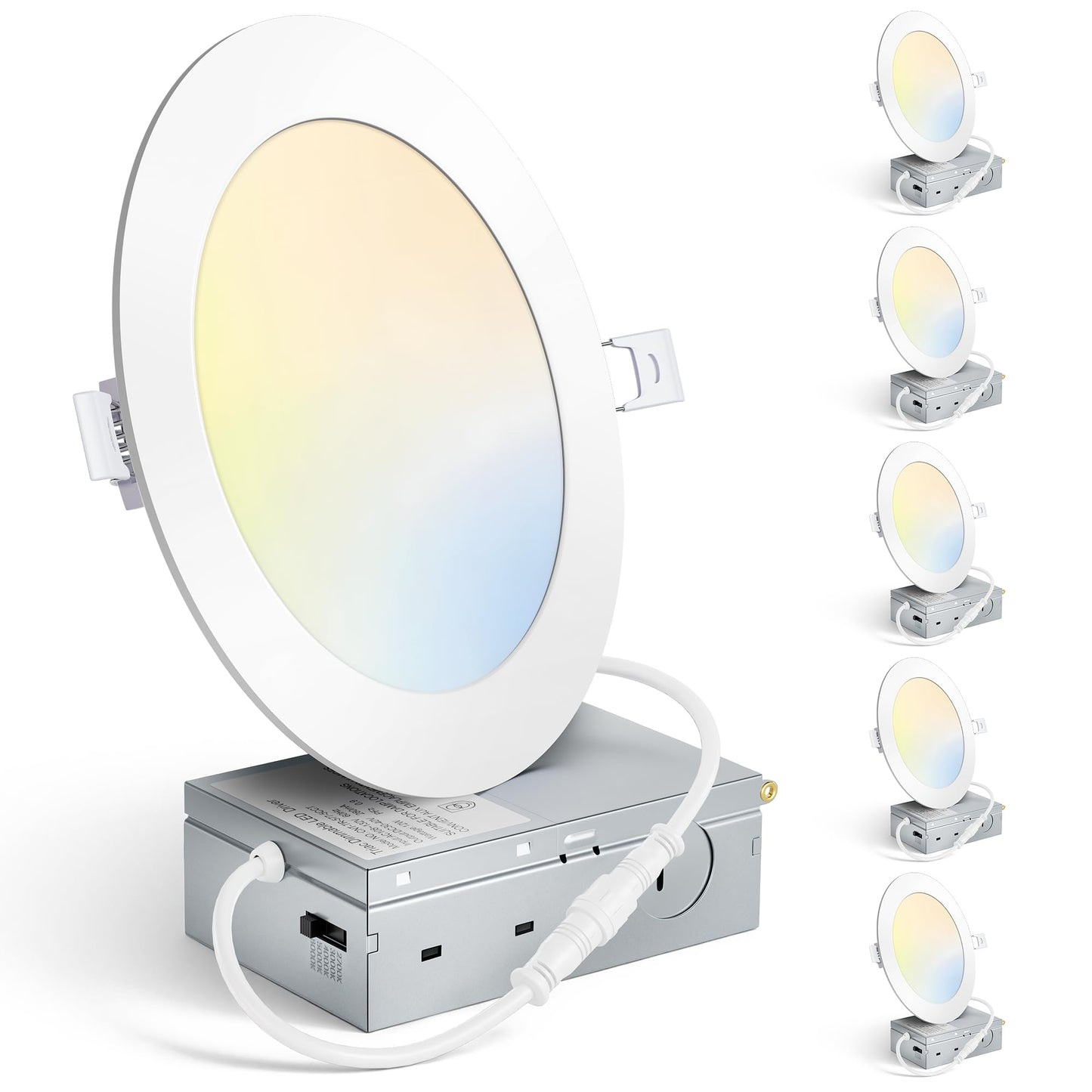 MAXvolador 6 Pack 6 Inch LED Recessed Ceiling Light with Junction Box 1200LM High Brightness, 2700K-6000K 5CCT Dimmable, 12W Ultra-Thin Canless Wafer Downlight