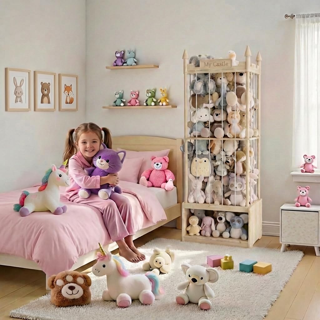 Topbooc Knot-Free Wooden Stuffed Animal Storage Tower with Pre-Installed Cords, Montessori Stuffed Animal Zoo Furniture with Castle Top & Toy Chest, 57" Hand-Sanded Natural Wood (Montessori Castle)