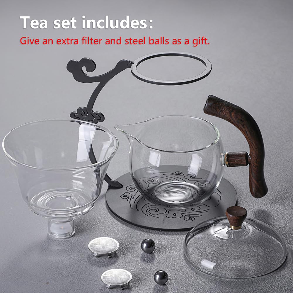 Lazy Kungfu Drip TeaPot, Heat Resistant Tea Set, Semi-Automatic Glass Teapot Suit for Magnetic Water Flow Wooden Glass Teapot Set (Metal handle+glass body)