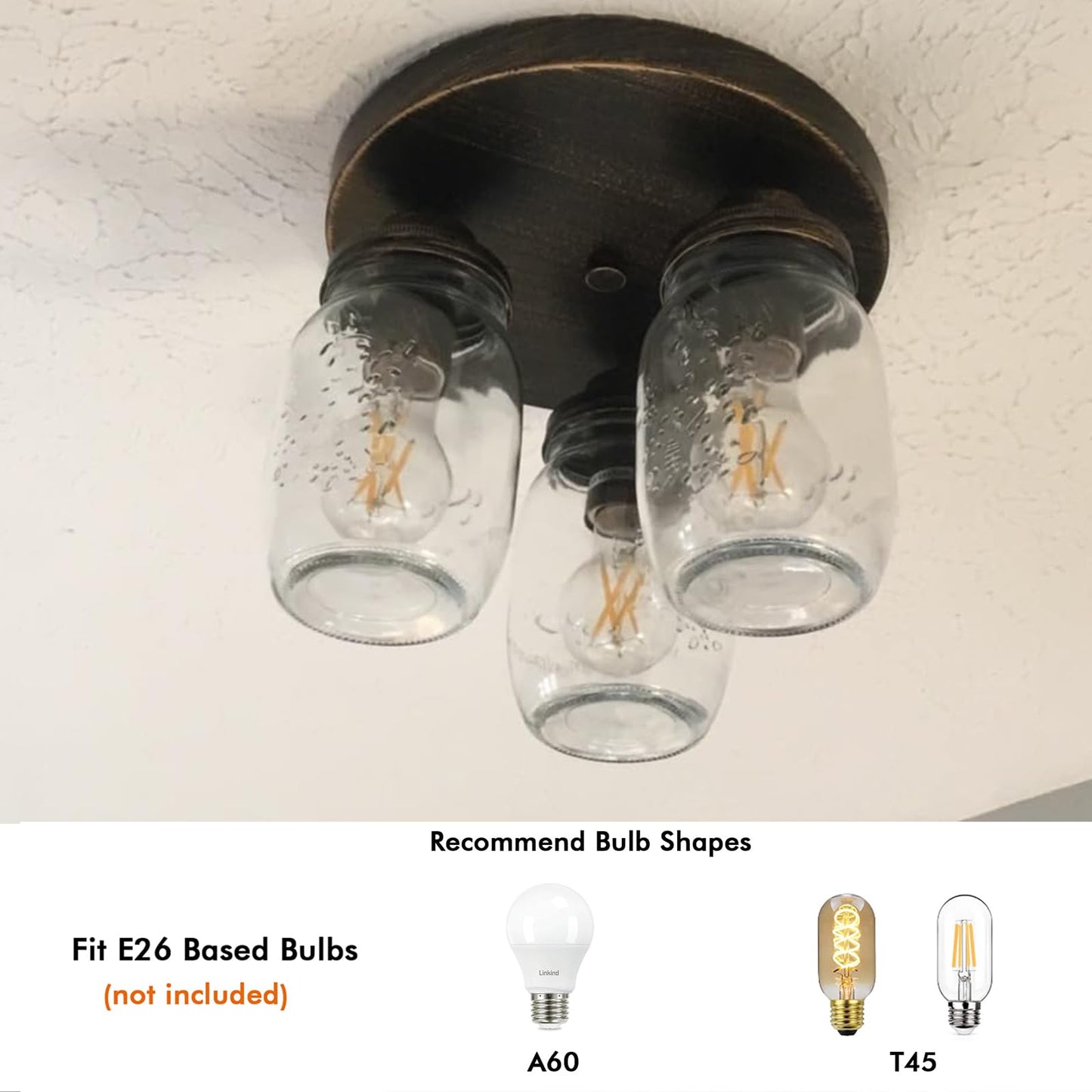 CLAXY Mason Jar Ceiling Light 3-Light Farmhouse Flush Mount Ceiling Light Fixture for Kitchen Bedroom Dining Room Black with Brushed Brass