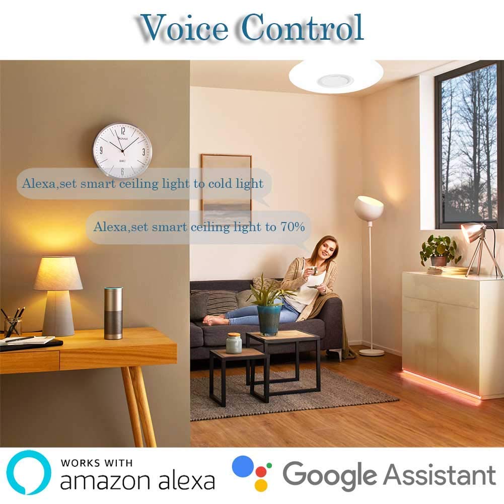 Upgrade WiFi Music Ceiling Light with Bluetooth Speaker and Remote Control, 15 inch Dimmable Ceiling lamp Compatible with Alexa and Google Home 36W RGB Family Party Lights for Bedroom Living Room