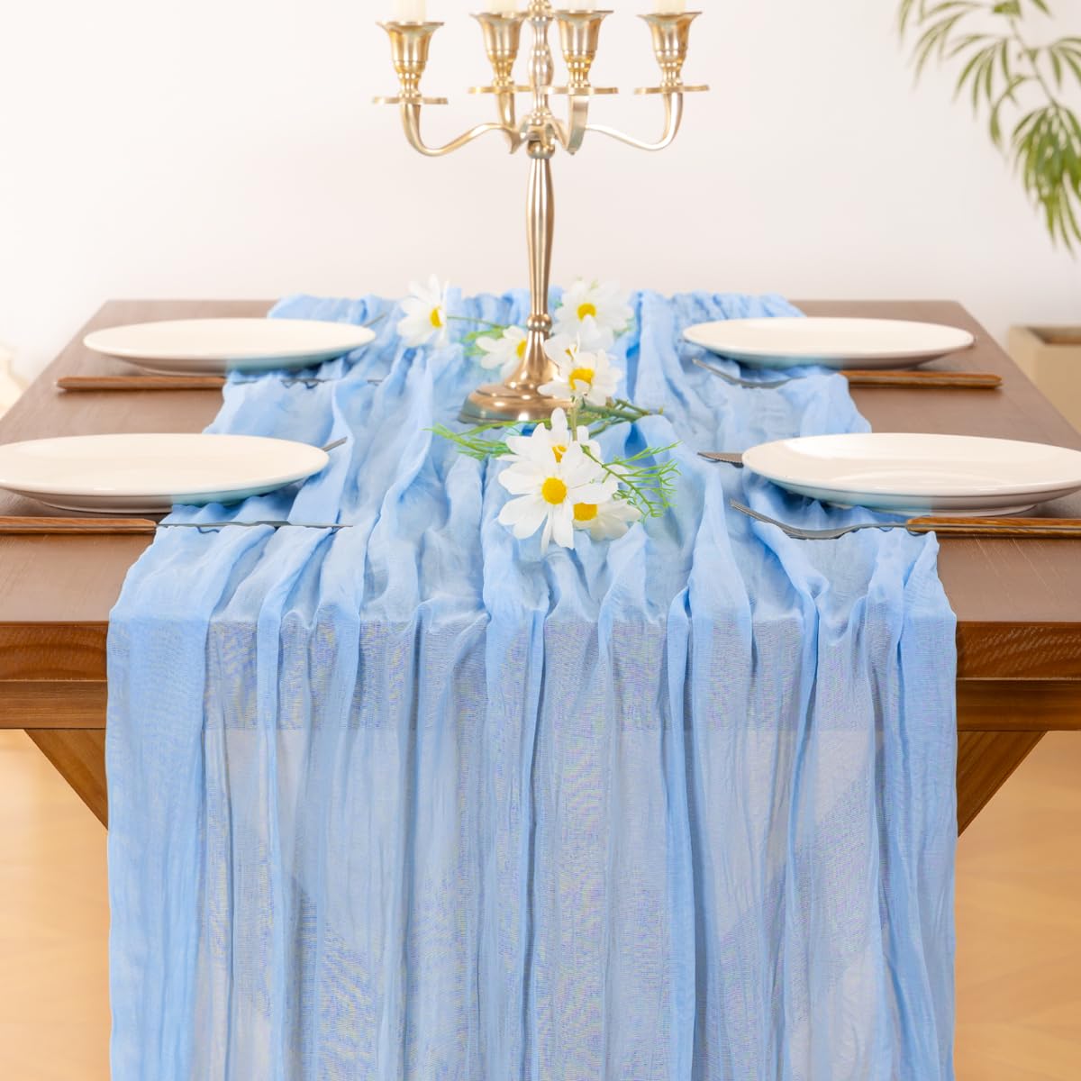 Socomi 10pcs Blue Summer Cheesecloth Table Runner Light Blue Boho Rustic Gauze 120 inch 10FT Cheese Cloth Sheer Runner for Wedding Party Baby Shower Birthday Home Decor Holiday Decorations