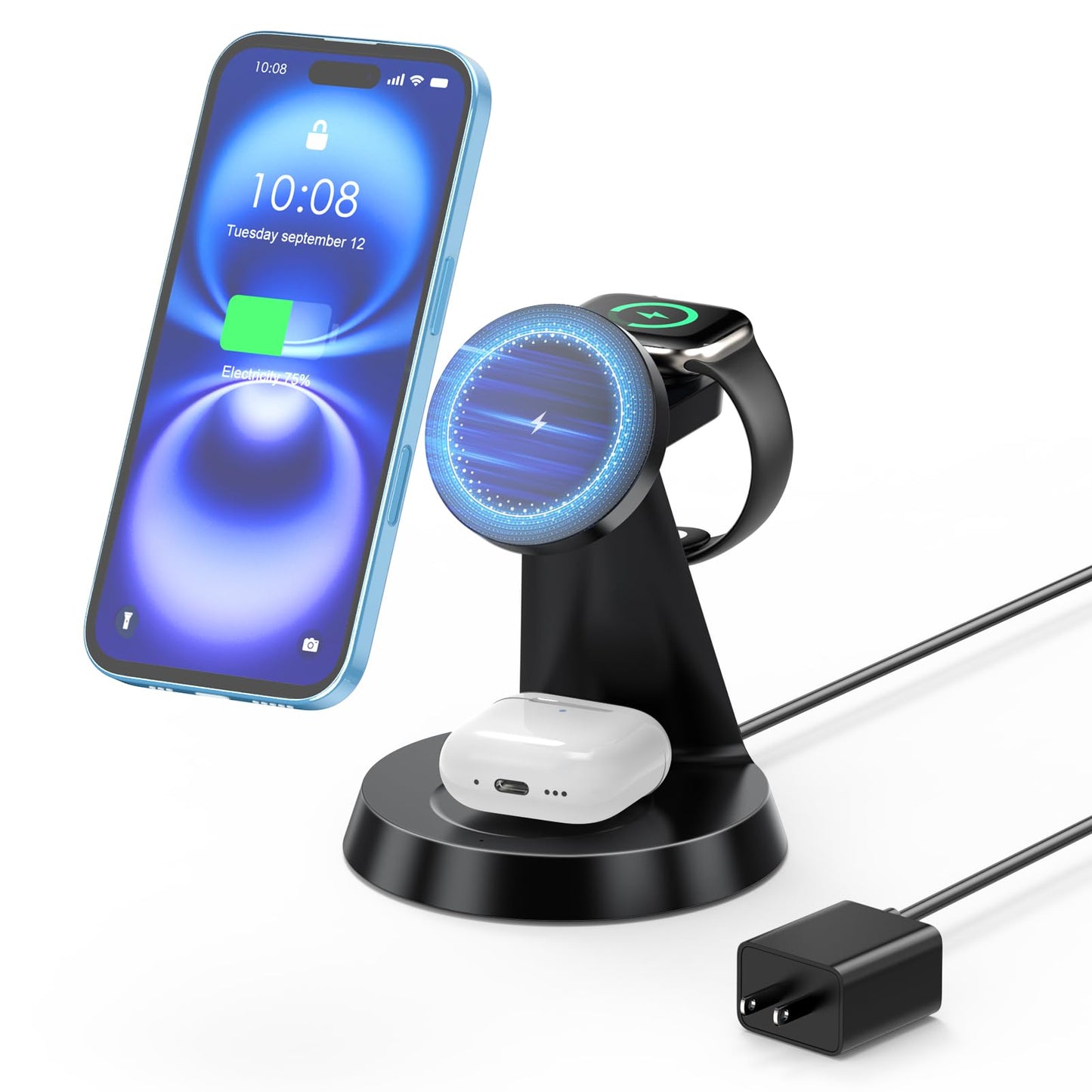 3 in 1 Wireless Charging Station for Apple, Charger Stand for Multiple Apple Devices, Wireless Charging Station for iPhone 16/15/14/13/12 Series, Wireless Charger for AirPods, iWatch Series (Black)
