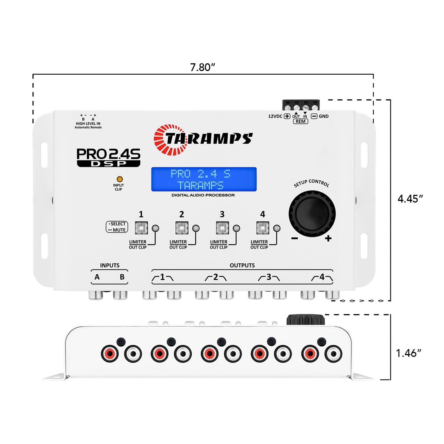 Taramps DSP Pro 2.4S White Crossover Full Digital Signal Car Audio Processor and Equalizer with Sequencer 15-Band Graphic Equalization 12 preset EQ, Remote Signal, Alignment, 2 Channel in and 4 Out