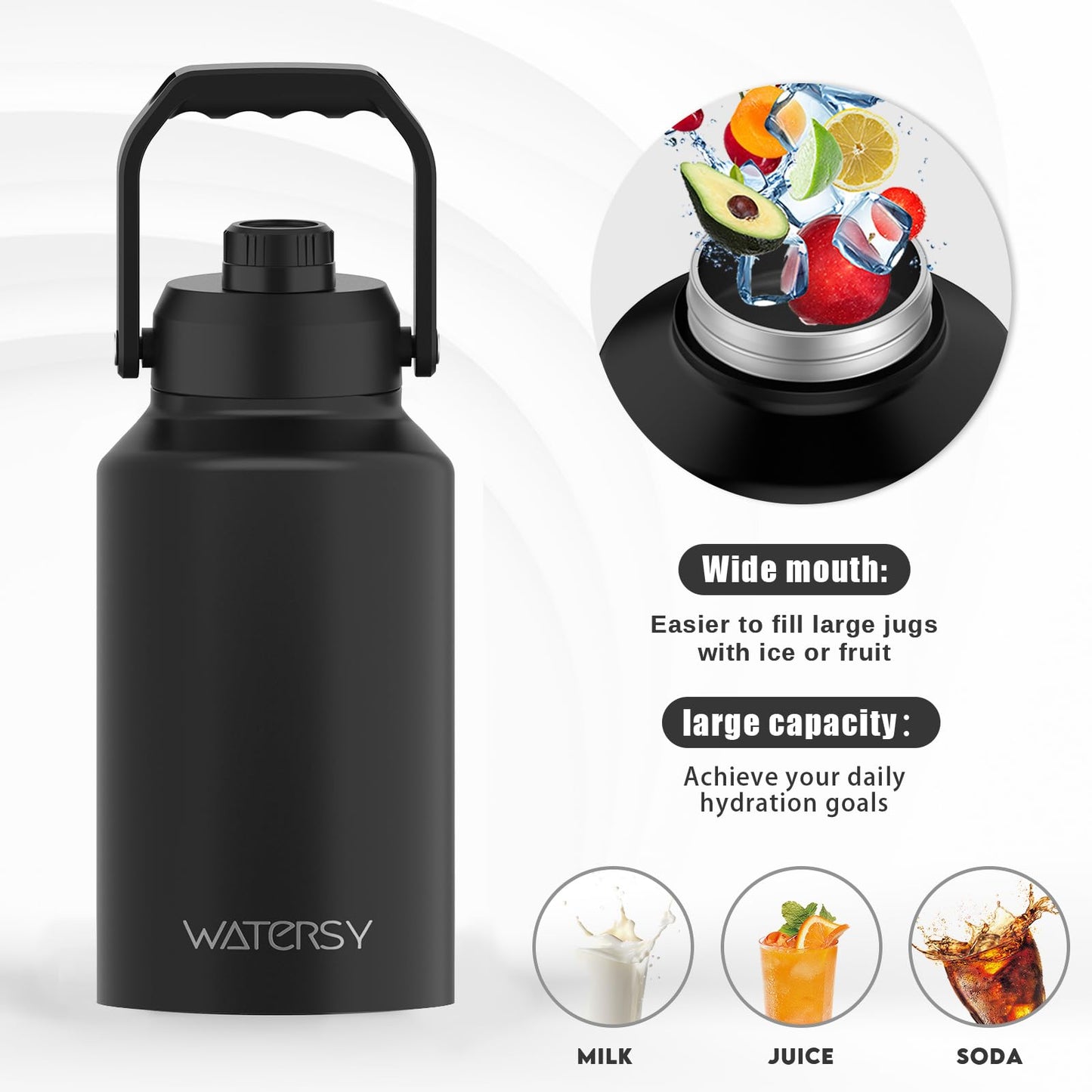 WATERSY 1.5 Gallon Water Bottle Insulated(Cold for 48 Hrs),BPA Free&Leak Proof,196oz Stainless Steel Water Jug,Big thermos,Large Water Bottle with Handle for Gym,Hiking,Camping&Travel,Black
