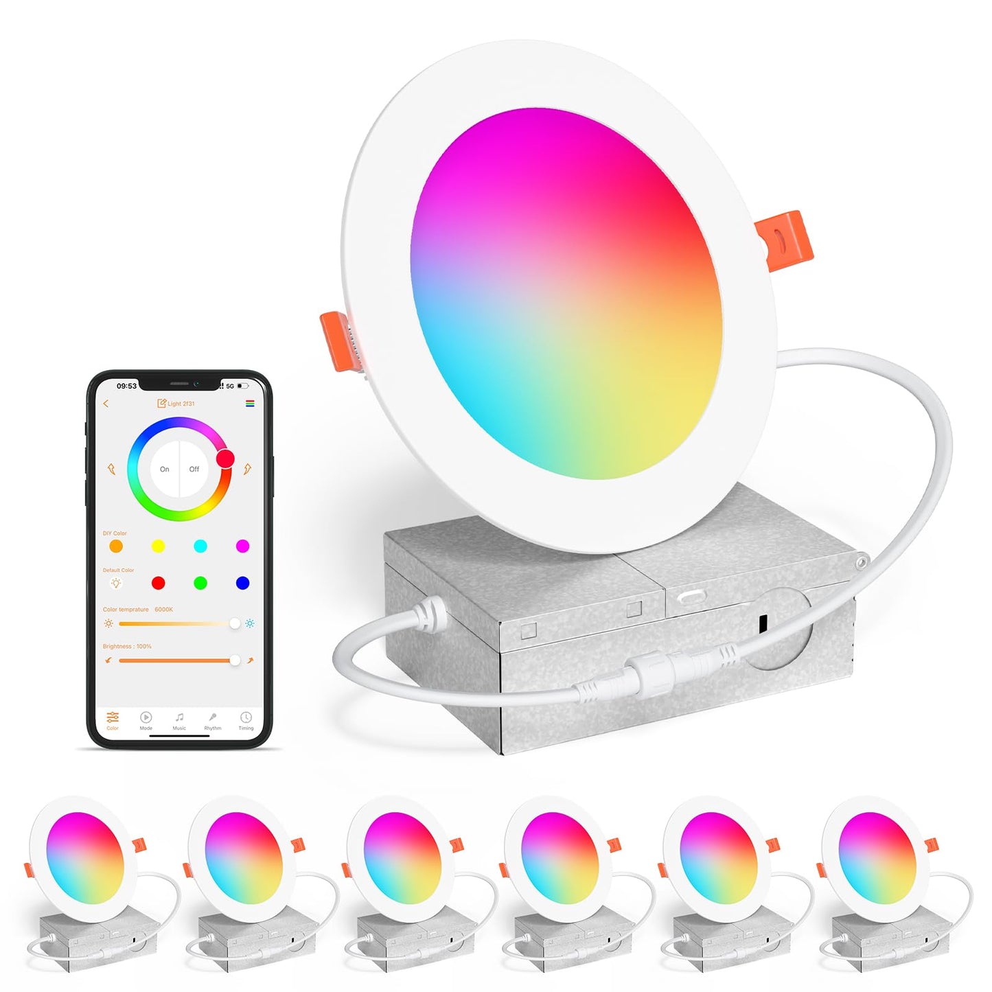 SikSog Smart Recessed Lighting 4 Inch RGBCW Color Changing 12W LED Downlight with Junction Box,1080 Lumen Recessed Ceiling Light Compatible with Alexa,Dimmable by Bluetooth Control -6Pack