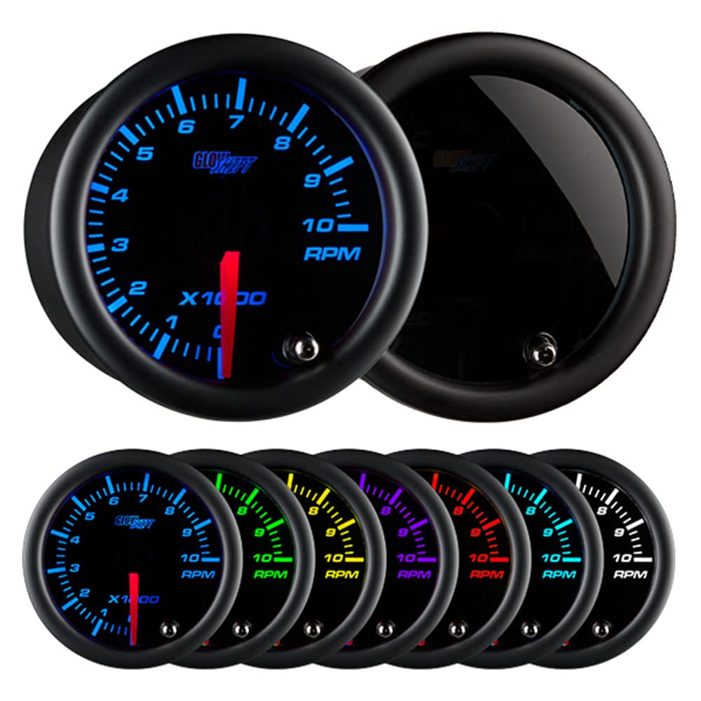 GlowShift Tinted 7 Color 10,000 RPM Tachometer Tach Gauge - for 1-10 Cylinder Gas Powered Vehicle Engines - Includes Wiring - Multi-Color Display - Black Dial - Smoked Lens - 2-1/16" 52mm