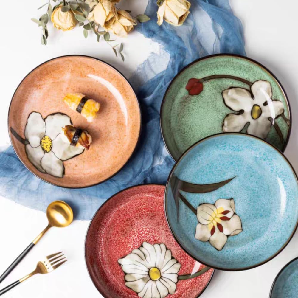 Ceramic Deep Plates For Kitchen, 8.5 in - Plates Set of 4 - For Steak,Salad, Pasta,Appetizer, Serving etc - Dishwasher, Microwave, and Oven Safe - For Breakfast, Lunch and Dinner (Red+Blue+Pink+Green)