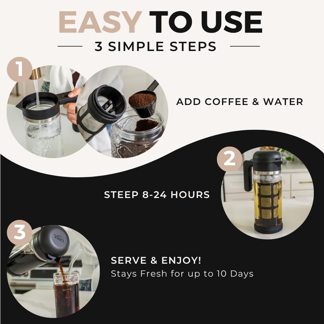 VINCI Cold Brew 360 Glass Coffee Maker – Patented Dual Filter Technology for Faster Brewing – Iced Coffee Pitcher (1.4 Liter / 47 oz)