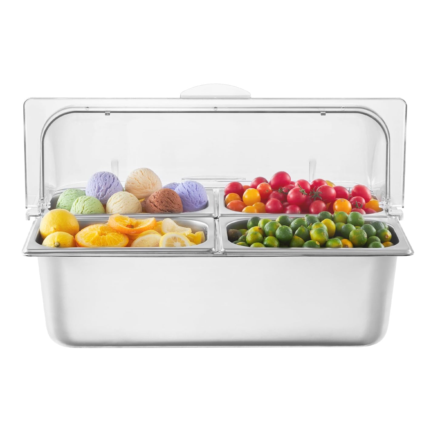 VEVOR Countertop Food Serving Display Container, 4 Pan Stainless Steel Food Serving Tray, Buffet Condiment Dispenser Display Rack with Clear Lid & 3 Freezer Boxes, for Restaurant Hotel Kitchen Party