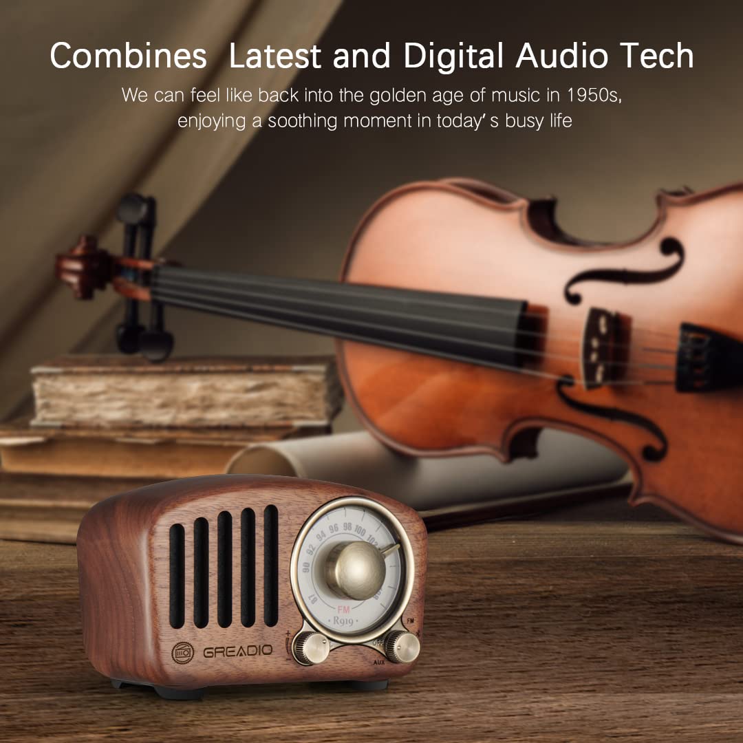 Vintage Greadio Walnut Wood Bluetooth Speaker Radio - Retro Style, Bass Enhancement, Loud Volume, Bluetooth 5.0, MP3 & FM Radio