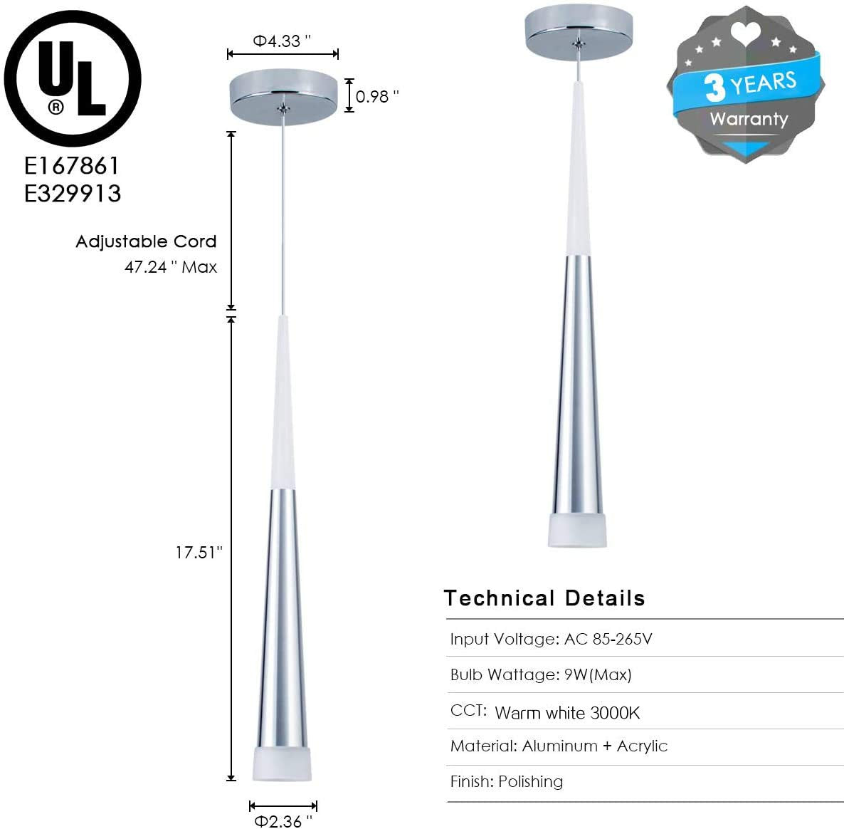 BEWAMF 3 Pack Modern Mini Island Pendant Light with Acrylic Shade LED Adjustable Cone Contemporary Pendant Lighting for Kitchen Island Dining Room Living Room Bar,Warm White 3000K