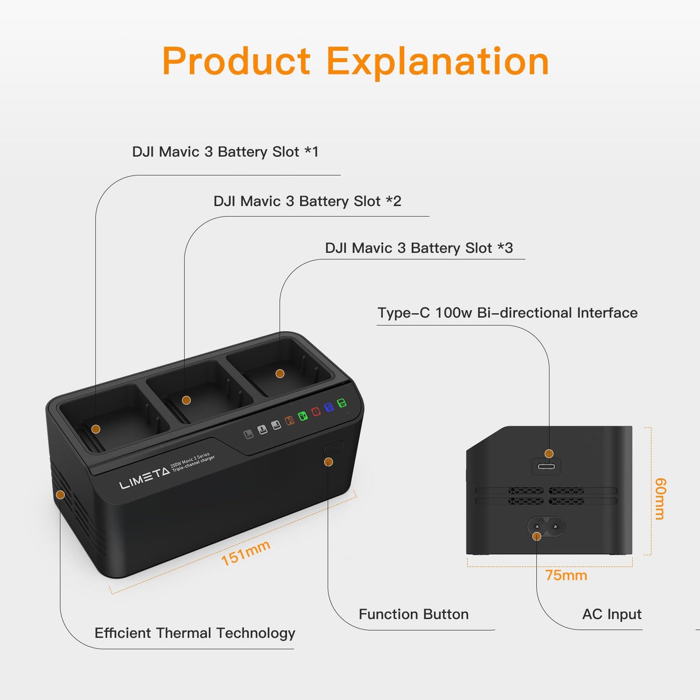 200W Mavic 3/3 Pro Intelligent Battery Fast Charger Hub,for DJI Mavic 3/3 Pro/Thermal/Classic/RC Controller Drones Accessories,Three-Channel Parallel,with Discharge/Storage/Battery Equalization/LED