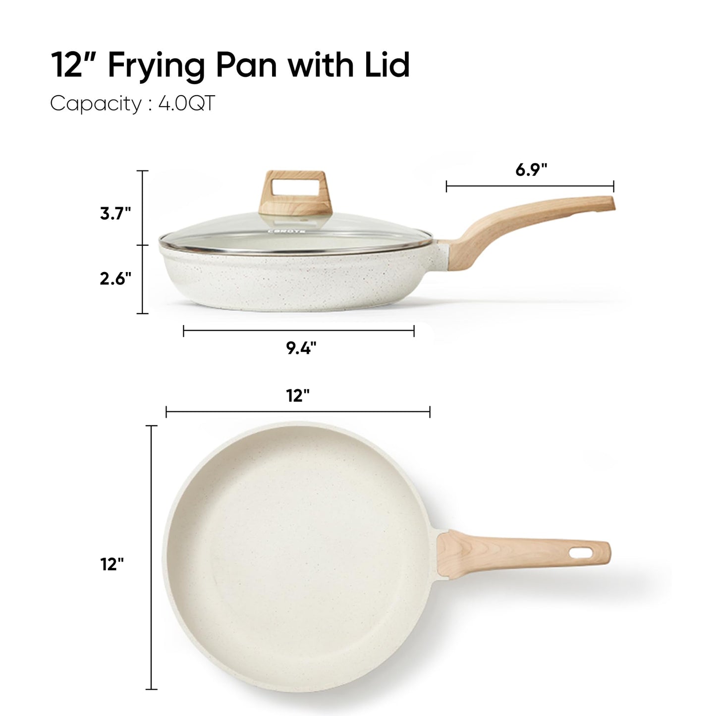 CAROTE 12 Inch Non Stick Frying Pan with Lid,White Granite Nonstick Skillet Omelet Pans, Egg Pan Granite Cookware, PFOS & PFOA Free