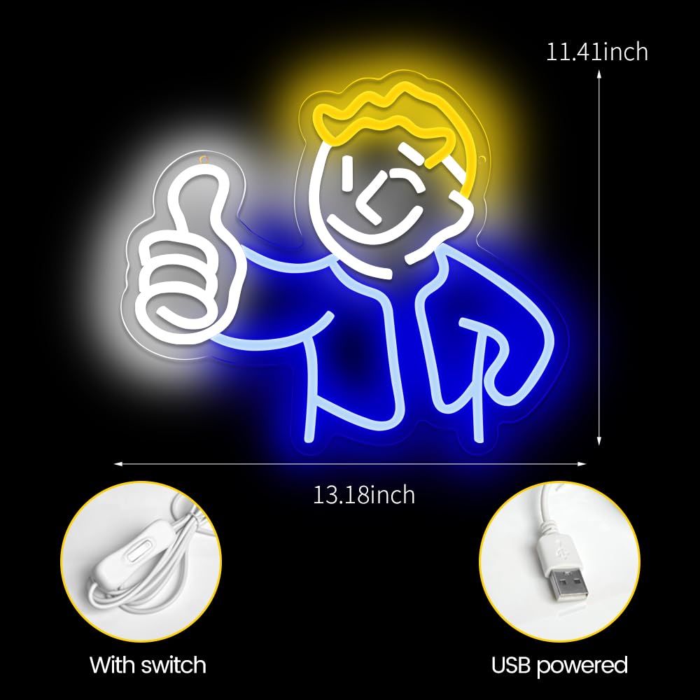 PILOYINDE Gaming Neon Sign Vault Boy Neon Signs for Wall Decor Game Neon Light Gamer Mave Cave Bedroom Vault Boy Neon Light LED Signs for Wall Light Up Game Neon Signs for Gamer