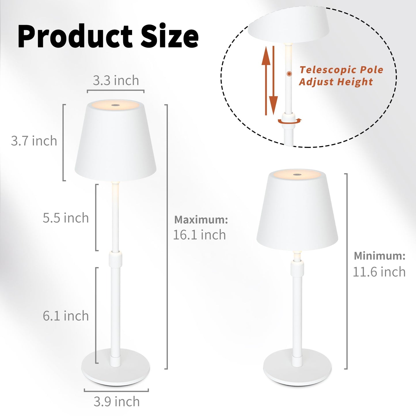 Mr.White Outdoor Waterproof Rechargeable Cordless Table Lamp with Telescopic Pole & Wicker Shade, 5200mAh Battery Operated Table Light with Touch Control, for Patio Restaurant Kitchen (White 2 Pack)