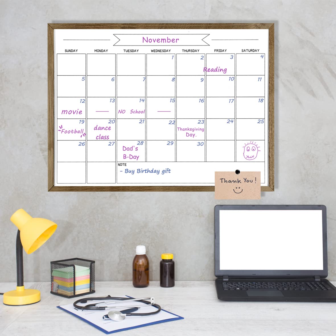 TORASO Dry Erase Monthly Calendar Board, Solid Pine Wood Rustic Brown Frame Magnetic Surface Whiteboard for Wall，23.6"x 31.5"(YLBB-B-RB-6080)