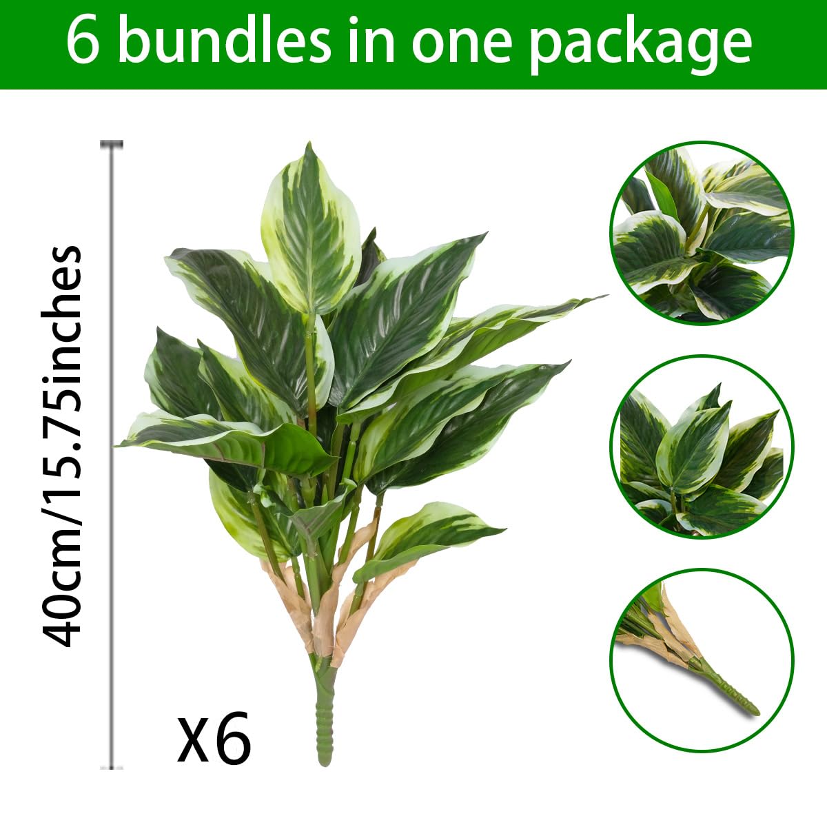 OTATOT 6PCS Artificial Tropical Green Plants – 15.75" Fake Hostas Outdoor Artificial Plants, UV Resistant, Faux Green Leaf Stems for Porch, Patio, Balcony, Garden Planter or Indoor Décor