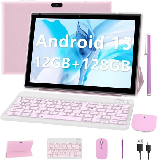 Android 13 Tablet 10 Inch, 12GB RAM+128GB ROM/1TB Expandable Tablet, 2 in 1 Tablets with Keyboard Case Mouse Stylus, 2.0GHz Quad-core CPU, 1280*800 IPS HD Screen, 5G WiFi6 BT 5.0, 8MP Camera Tablet PC