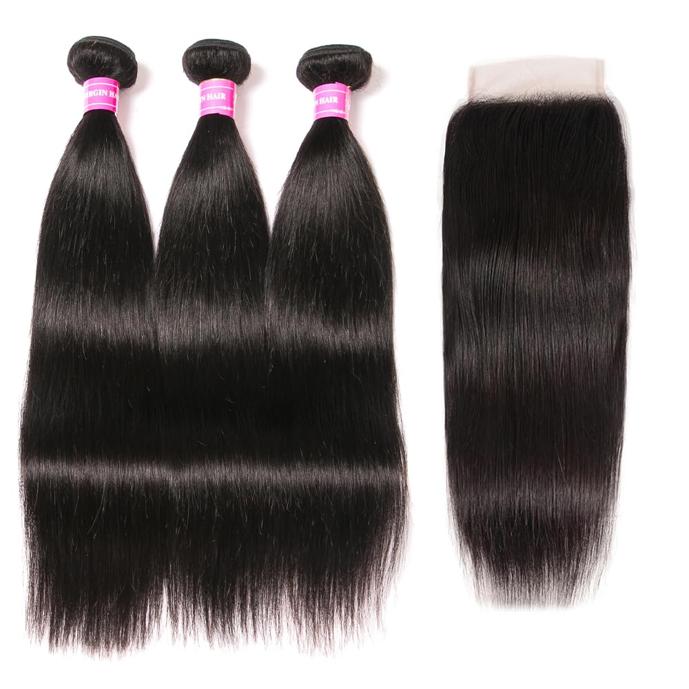 10A Straight Bundles with Closure Human Hair 20 22 24+18 Brazilian Human Hair Bundles with Closure 100% Unprocessed Virgin Straight Hair Weave 3 Bundles with Lace Closure 4x4 Free Part Natural Color