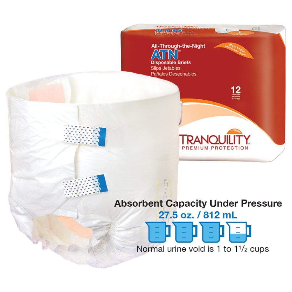 Tranquility Premium ATN Disposable Briefs with Tabs, Overnight Protection Superabsorbent Core for Leak-Free and Full-Fit Comfort, Large 72ct Case
