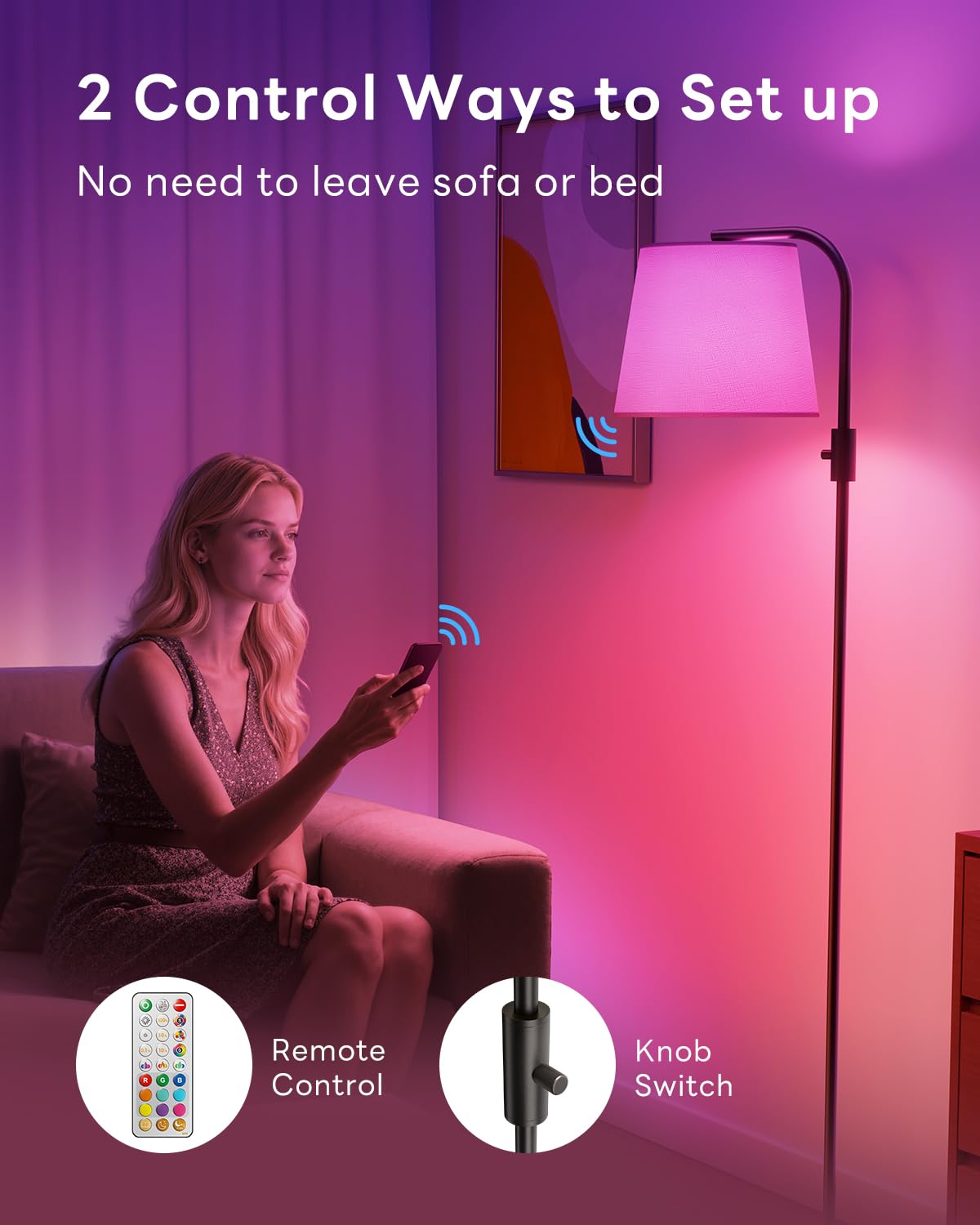 VARICART LED Arc Floor Lamp, 65" Tall Lamp with Magnetic Remote, RGB + 1600K Amber & 4000K Daylight, 10W 1200lm 0.1%-100% Dimmable, 350° Swivel Linen Shade, Smart Plug Compatible, Black