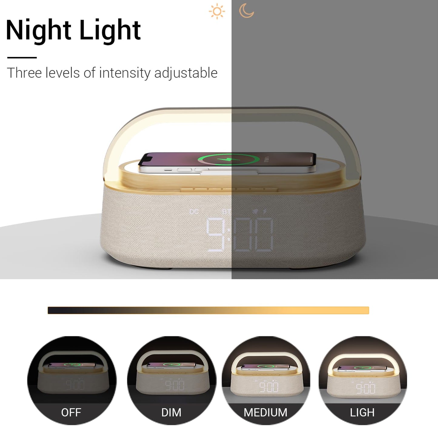 FREEFISH Bluetooth Speaker with Wireless Charger, FM Radio, Adjustable LED Night Light, Dual Wireless Speakers, Suitable for Home Decoration, Bedroom, Office, Gift（Wooden）