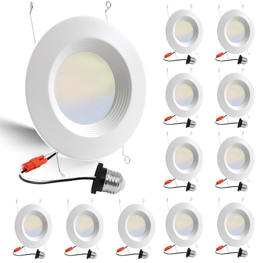 12 Pack 5/6 Inch 5CCT LED Recessed Light Retrofit, 2700K/3000K/4000K/5000K/6500K Selectable Downlight, Dimmable Can Lights with Metal Baffle Trim, CRI 90, 10.5W=85W, E26 Base, IC & Wet Rated, ETL&FCC