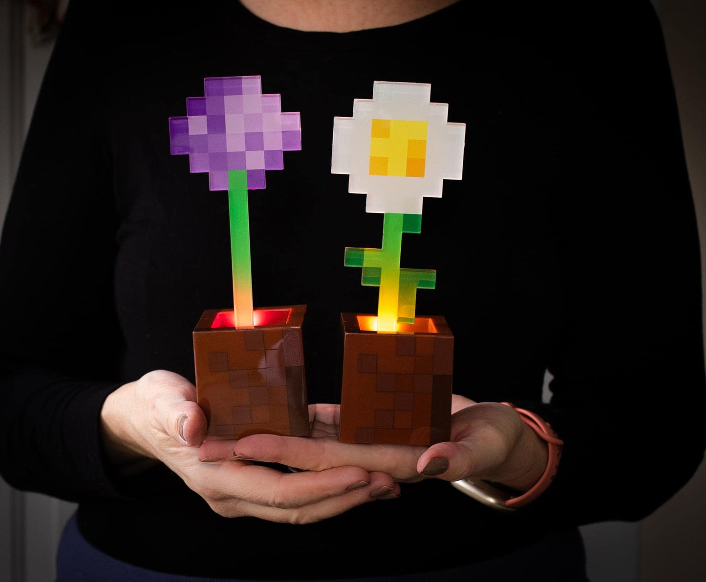 Minecraft Daisy and Allium Flower Pot Mood Lights, Set of 2 | Nightstand Table Lamp with LED Light for Bedroom, Desk, Living Room | Home Decor Room Essentials | Video Game Gifts and Collectibles