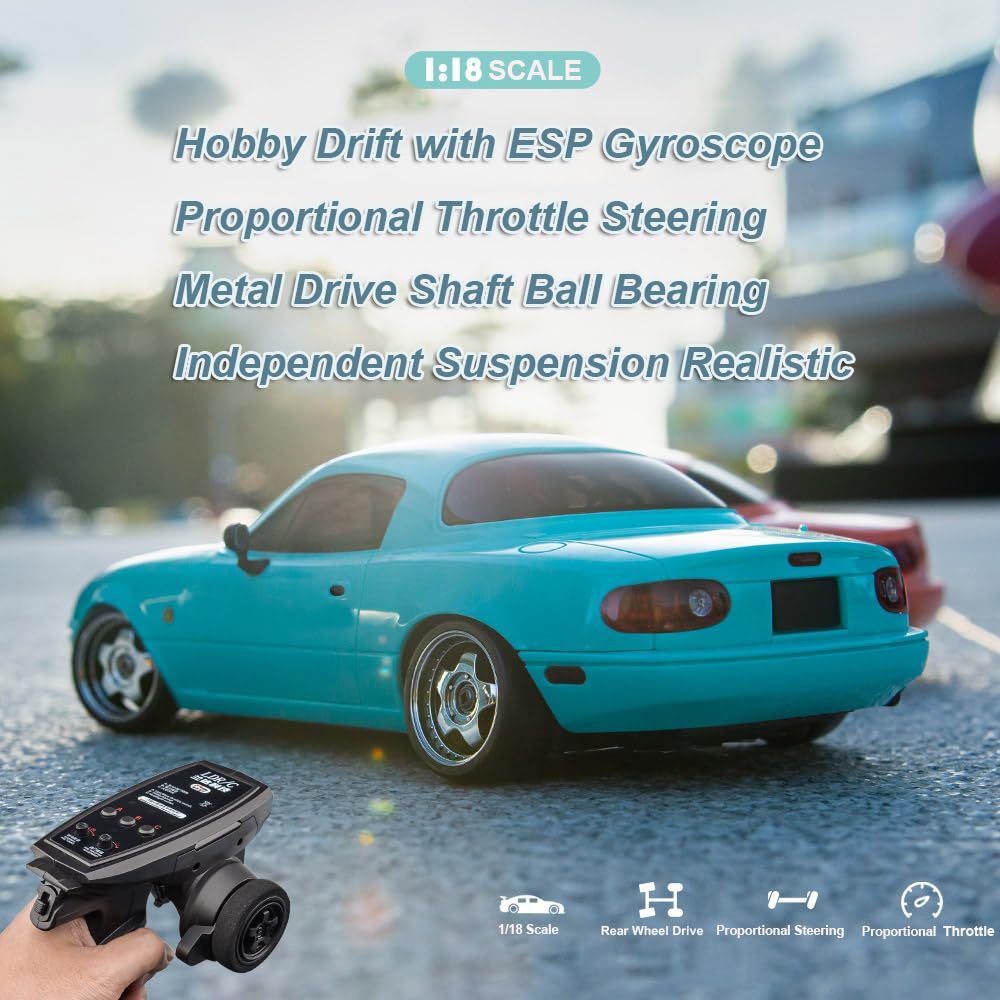 HLSFWDRIVE RC Drift Car 1/18 Scale LDRC Drift Car with Gyro Hobby RC Car for Adult RWD Drifting 2.4 GHz Gyroscope Proportional Throttle Steering Metal Drive Shafts Blinking Headlights LD1804