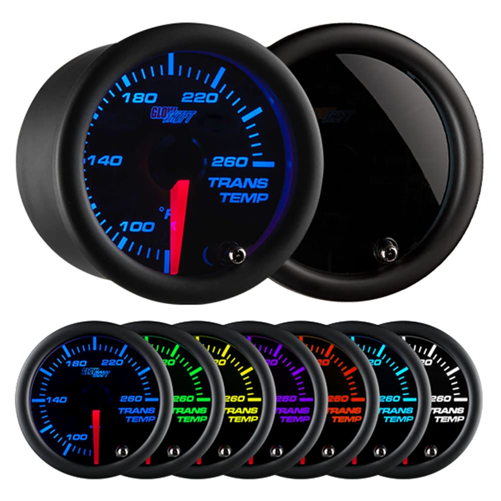 GlowShift Tinted 7 Color 260F Automatic Transmission Temp Gauge Kit - Includes 1/8-27 NPT Electronic Sensor & Wiring - Multi-Color Display - Black Dial - Smoked Lens - for Car & Truck - 2-1/16" 52mm