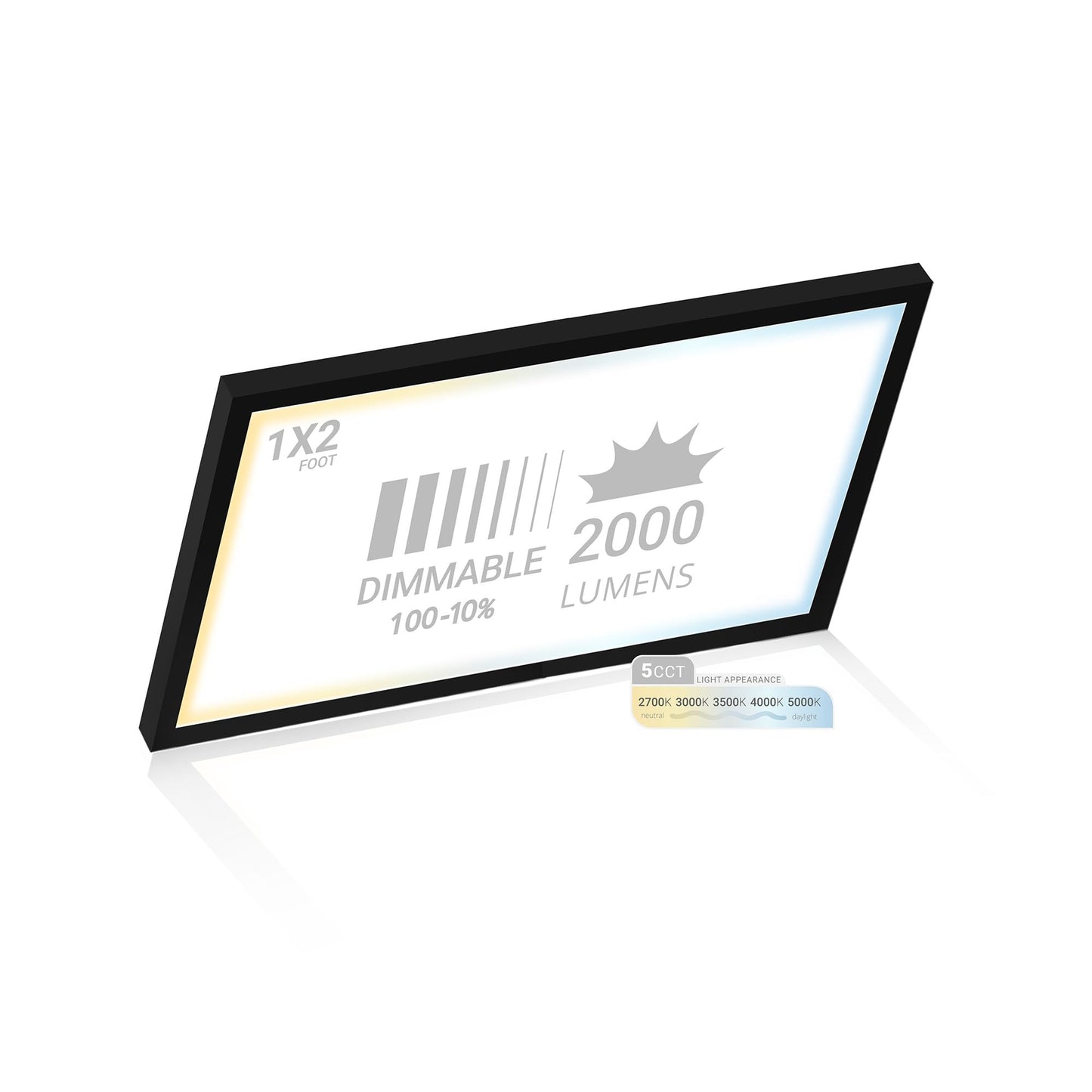 NUWATT 1x2 FT LED Surface Mount Panel, 5CCT 2700K/3000K/3500K/4000K/5000K Selectable, 2000LM, 22W, Internal Driver, Dimmable, 120V, CRI90, 1FT x 2FT Flush Mount Ceiling Light, 1" Inch Thick Black Trim