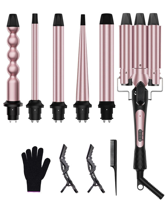 6 in 1 Curling Iron, Curling Wand Set with 3 Barrel Curling Iron and 5 Interchangeable Ceramic Curling Wand (0.35"-1.25”), Instant Heat Up 2 Temp Wand Curler, Include Heat Protective Glove & 2 Clips