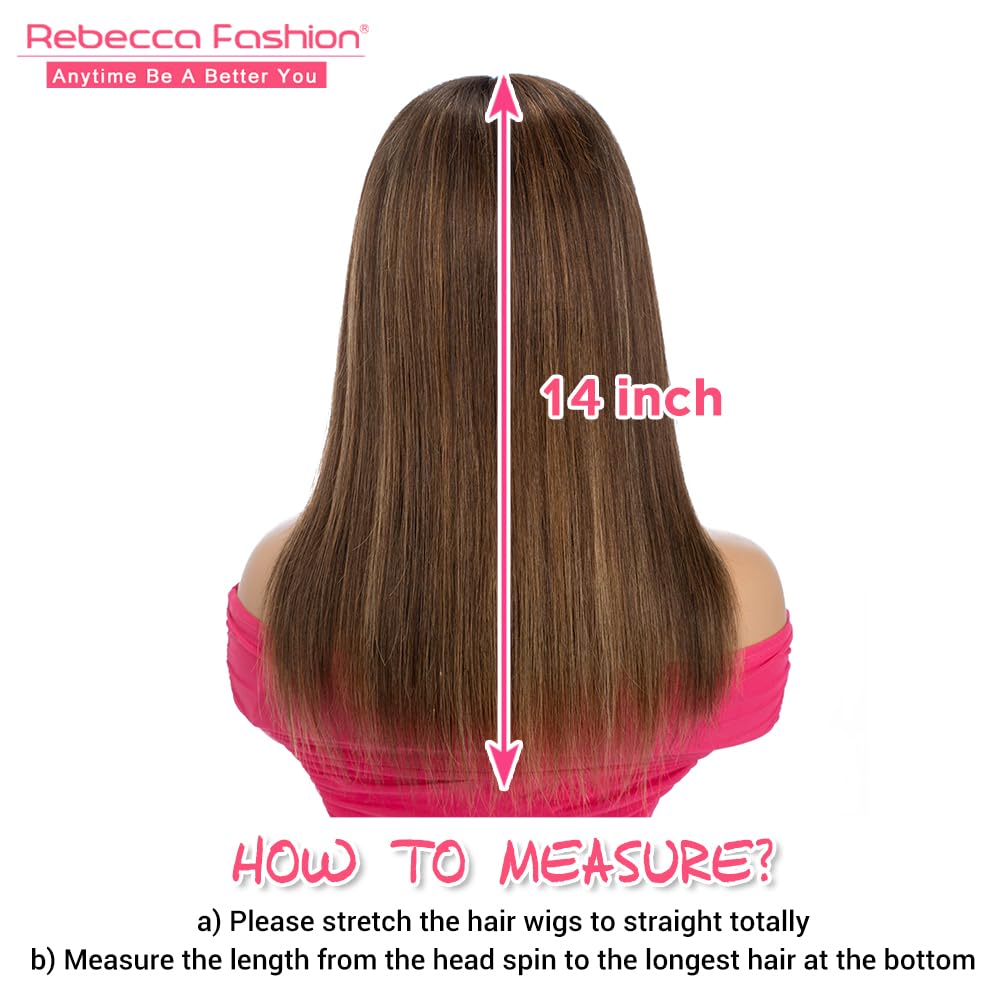 Rebecca Fashion 14 Inch Ombre Blonde Brown Straight Wig with Bangs Human Hair Silky Straight Bang Wig Glueless Minimalist 2.75x1 Lace Scalp Wig for Women Glueless Wear and Go Wigs Brazilian Remy Hair