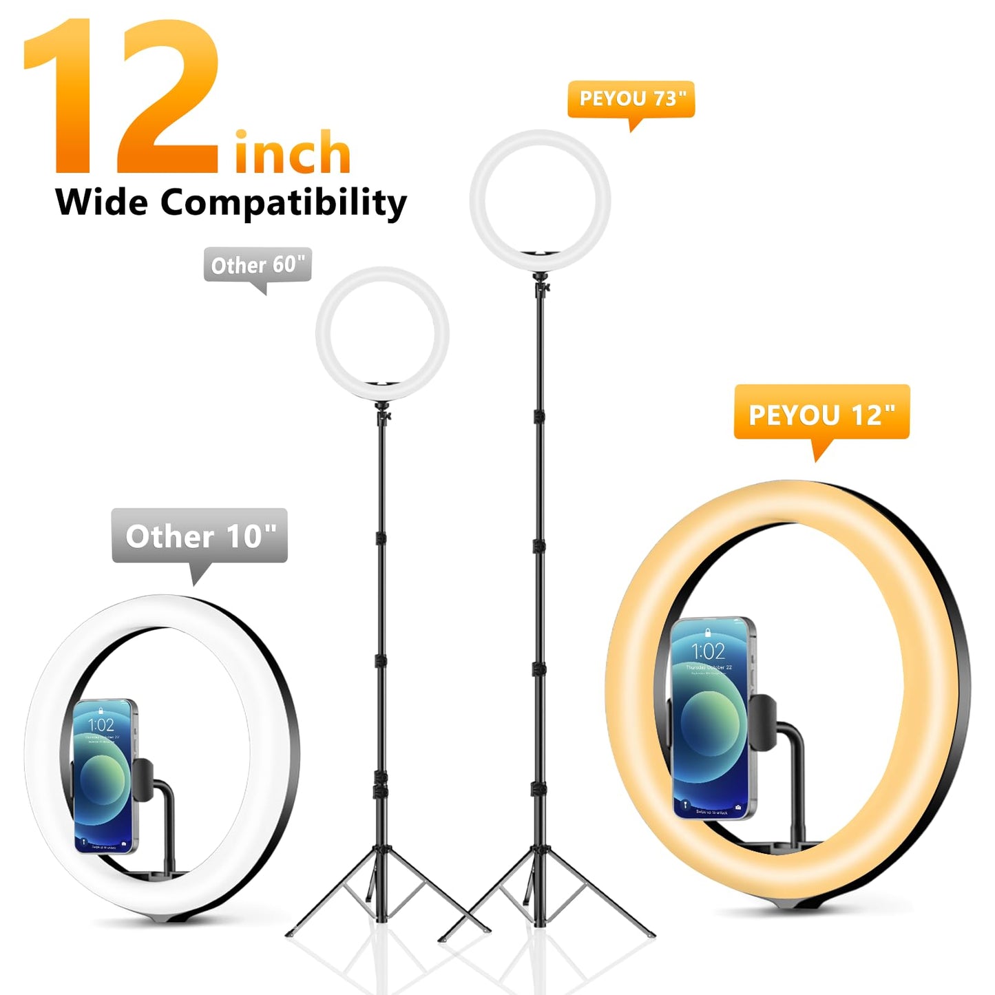PEYOU 12" Selfie Ring Light with 73" Extendable Tripod Stand with 【Desk Ring Light 】 38 Color Modes, Upgrade 3 in 1 Dimmable Adjustable Speed Ring Light for Makeup/Live Stream/Photograph