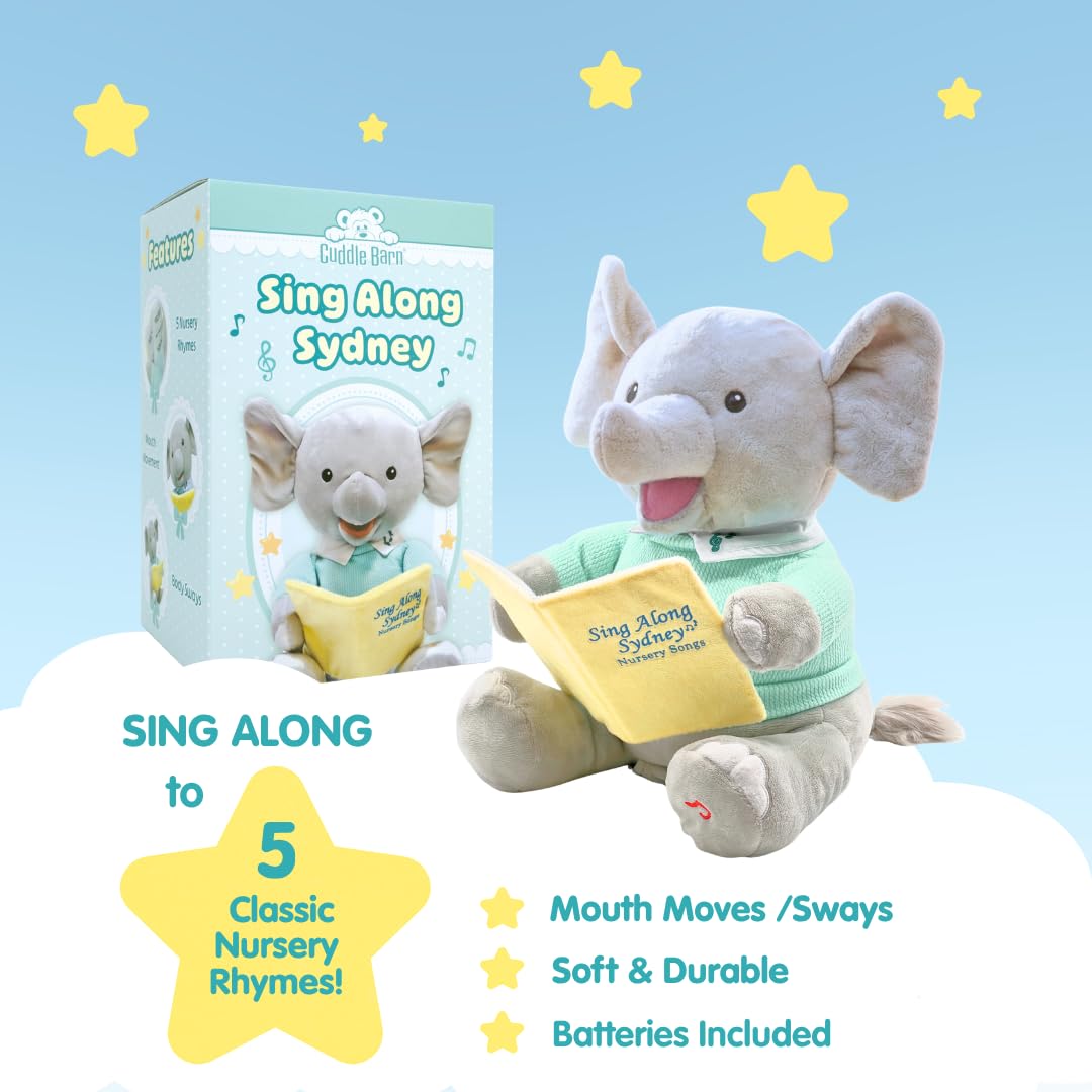 Cuddle Barn - Sing Along Sydney | Animated Plush Elephant Sings 5 Classic Nursery Rhymes | Musical Stuffed Animal | Mouth and Body Moves to Music | Great Gift for Toddler Boys and Girls - 12"