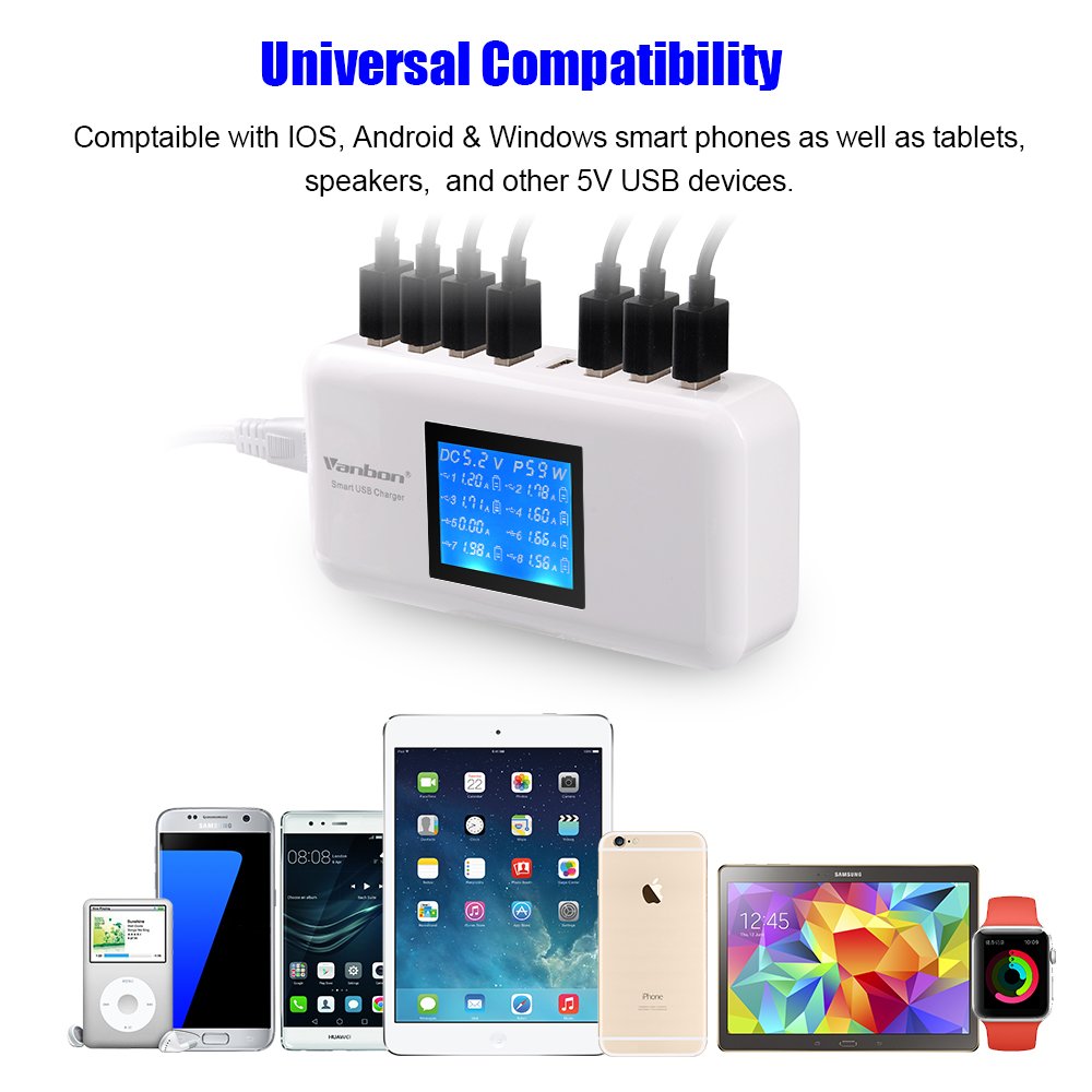 60W/12A 8-Port Desktop Charging Station Multiple USB, Multi Port Travel Fast Wall Charger Hub with LCD for Smart Phones, Tablet and More (White)