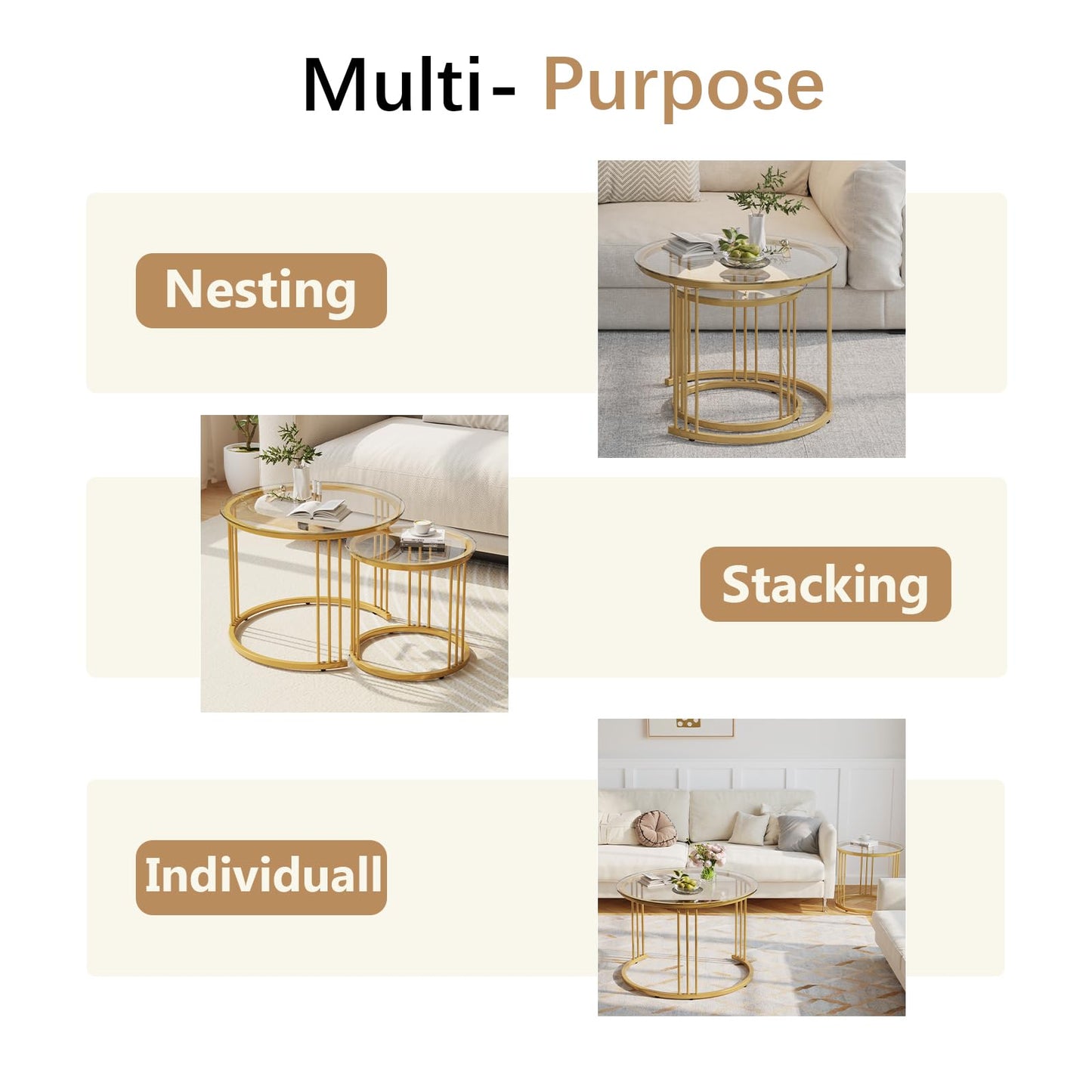 Garden 4 you Nesting Coffee Table, 23.6" Round Coffee Table Set of 2, Glass Nesting Table with Metal Frame, Ceter Tables for Living Room Bedroom Balcony, Gold